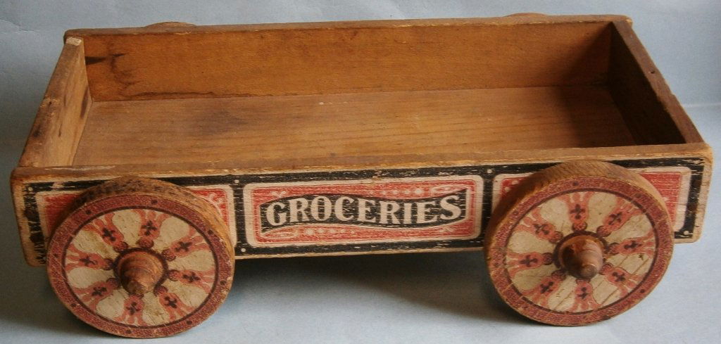 GROCERIES – CANDY Lithographed Wood Toy Wagon (1 of 7)