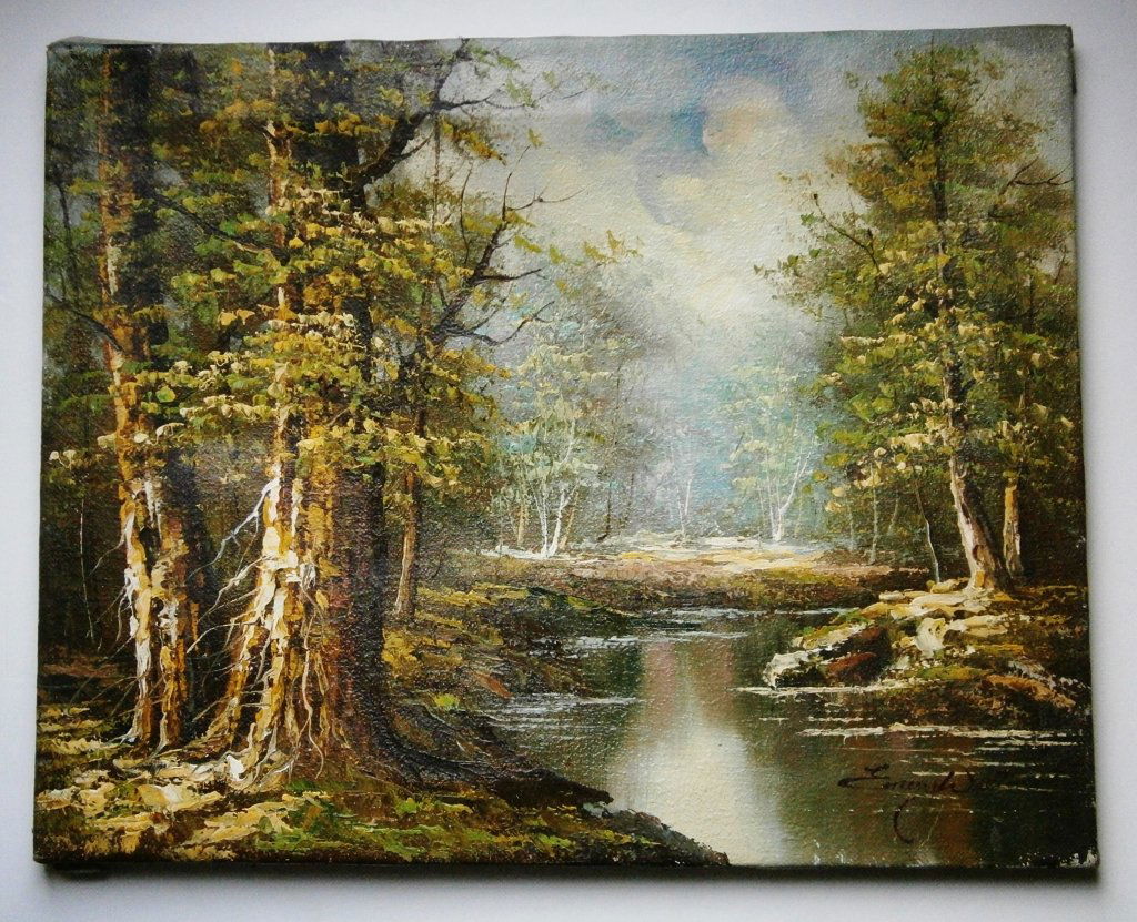 Vintage Forest with Stream Landscape Oil Painting by (1 of 4)