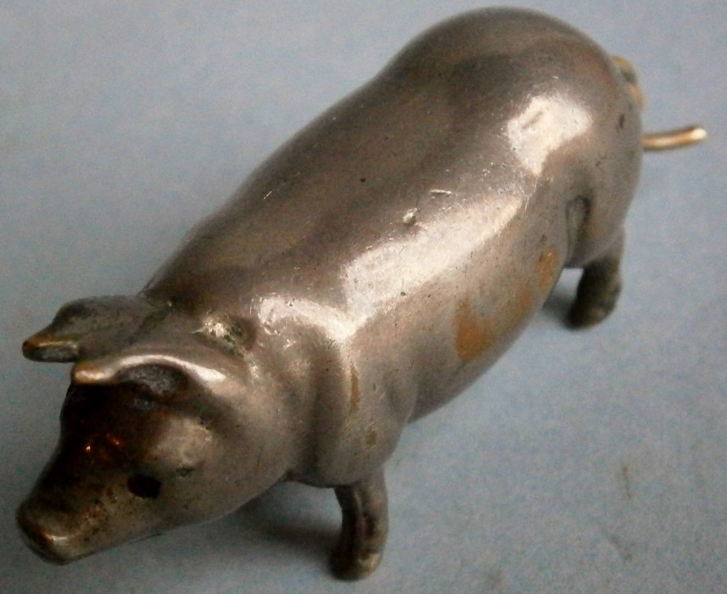 Antique Figural Nickel Plated Pig Tapemeasure with Silk (1 of 6)