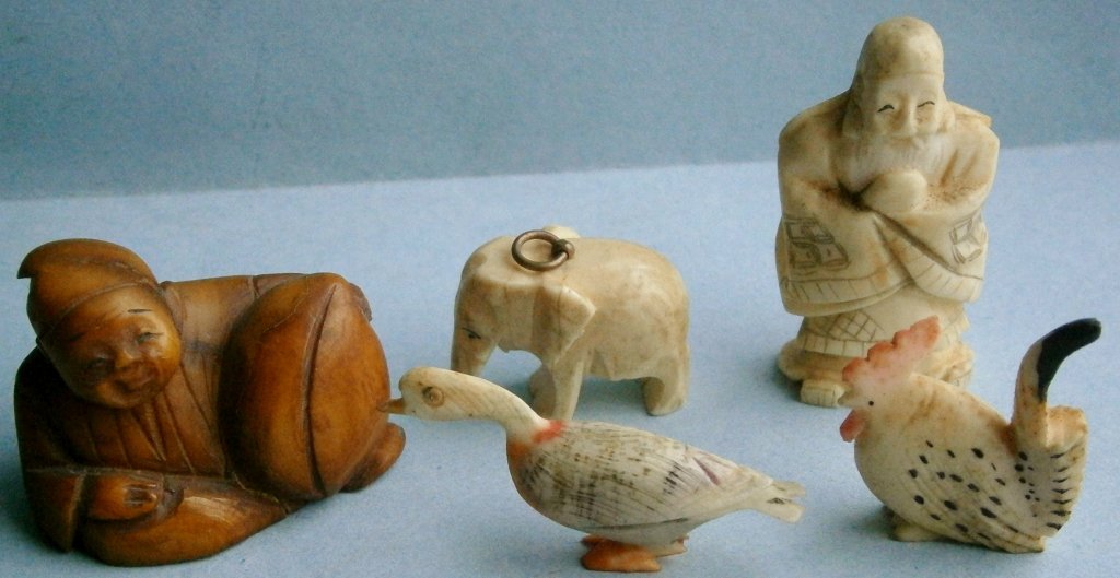 Assorted Hand Carved Bone Figures, vintage: Assorted Hand Carved Bone Figures, vintage, from 3/4 in. to 1 1/2 in. tall, elephant was made as a pennant or charm.