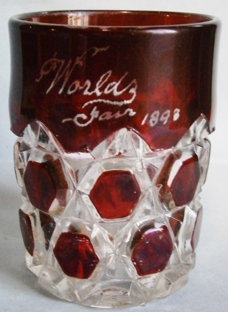 1893 Chicago Columbian Exposition Souvenir Glass: 1893 Chicago Columbian Exposition Souvenir Glass, 3 Â¾ in. tall, etched inscription and ownerâ€™s name.Â Â Â Â