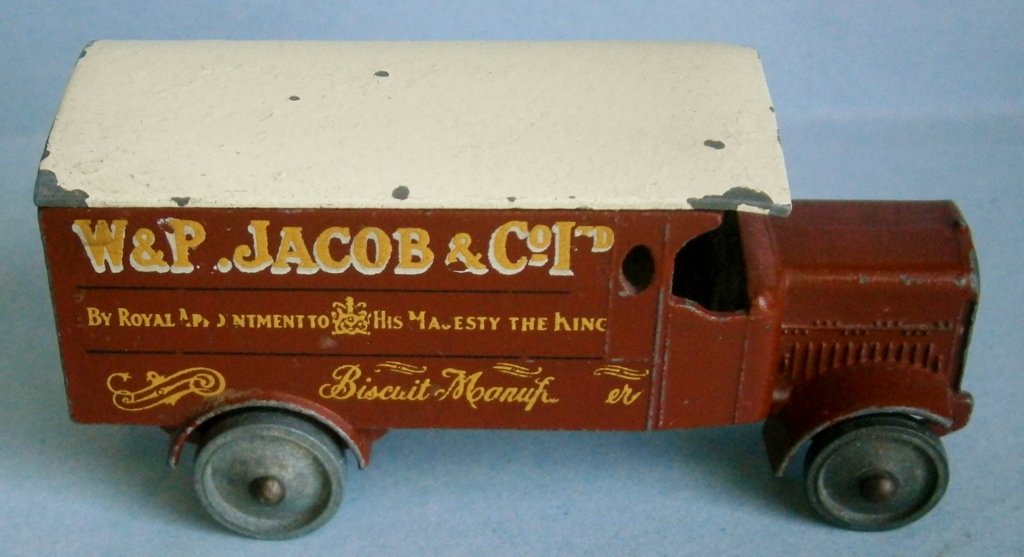W&P JACOBS Advertising Leland Truck: W&P JACOBS Advertising Leland Truck made in England by Lesney, older series, 2 3/4 in. long, die cast body and wheels, decals on one side partially missing.