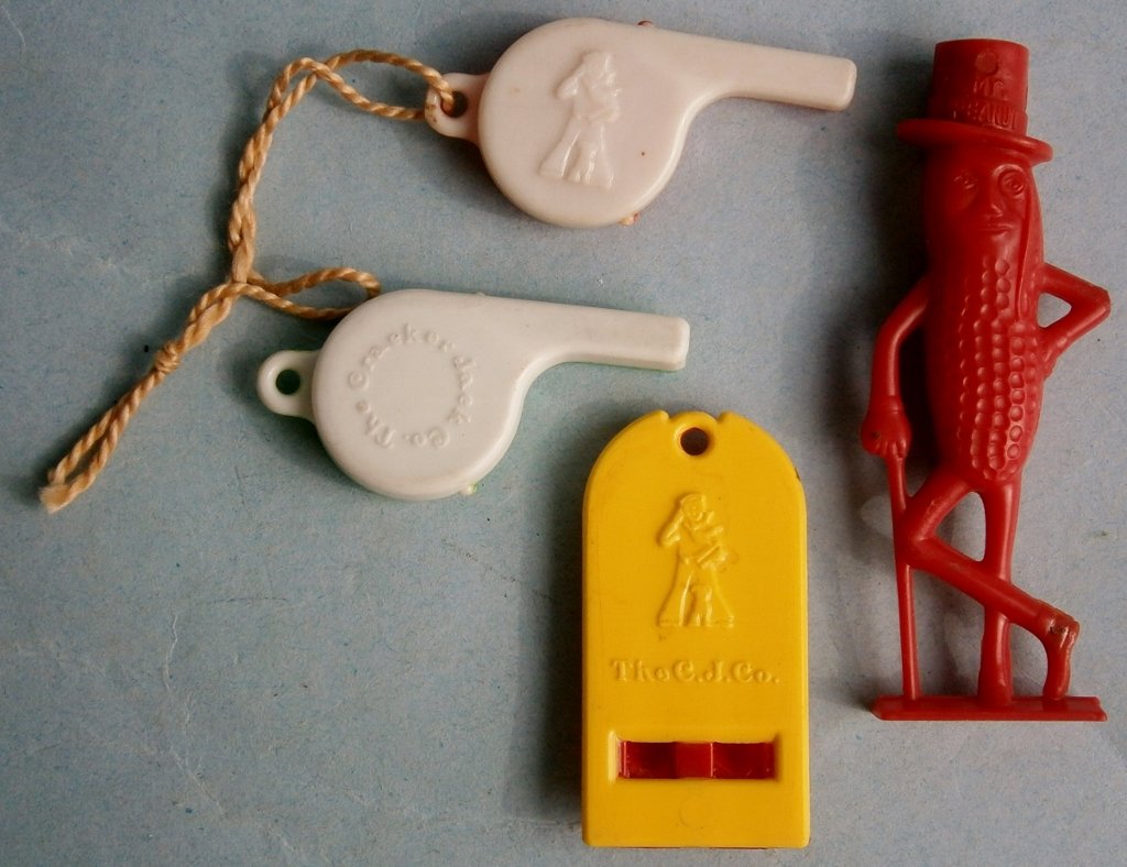 (3) Cracker Jack Premium Whistles and a Mr. Peanuts (1 of 8)