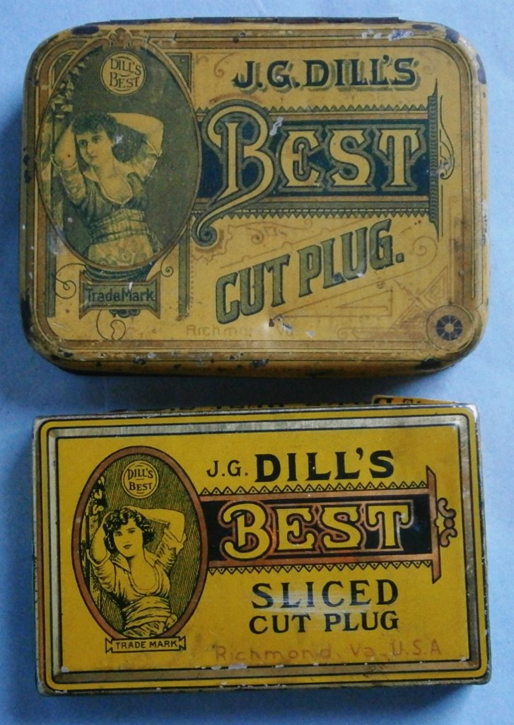 (2) J.G. DILL'S Best Cut Plug Tins from the early: (2) J.G. DILL'S Best Cut Plug Tins from the early 1900's, lithographed tin, larger tin is 4 7/8 x 3 in. and shows wear and has some dents, smaller Sliced Cut Plug tin is 3 3/4 x 2 1/4 in., still has a