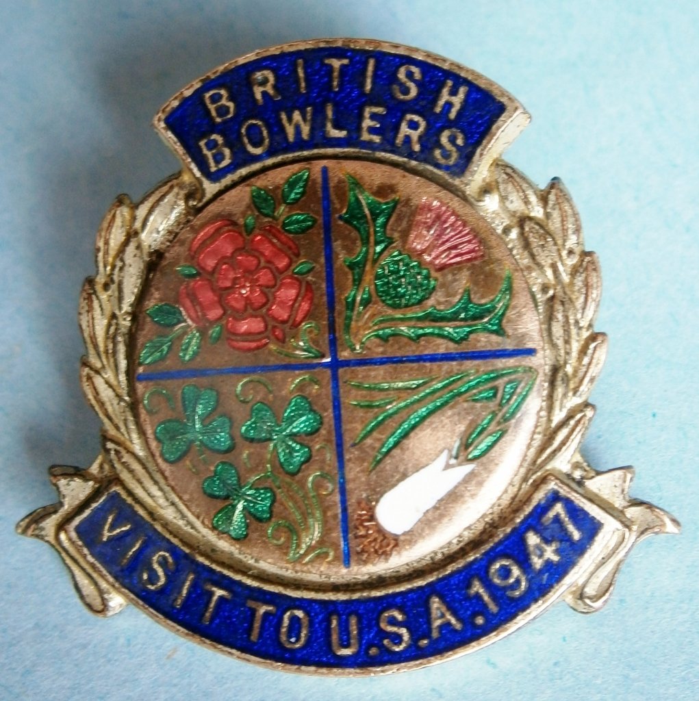 British Bowlers 1947 Visit to U.S.A.: British Bowlers 1947 Visit to U.S.A. Enamel on Metal Souvenir Pin, made in England by R.W. Miller Ltd., 1 3/8 in. tall, enamel on metal.Â Â
