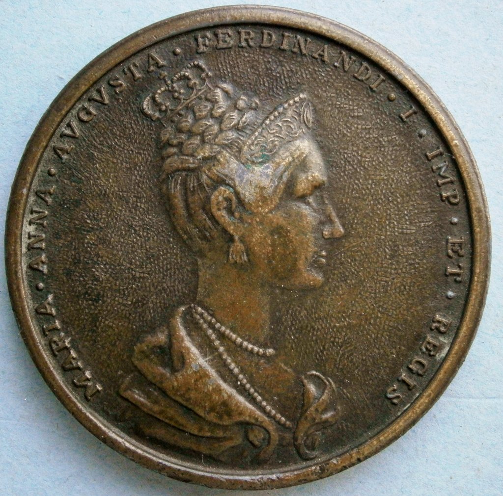 Maria Anna Augusta Bronze Medallion dated 1836: Maria Anna Augusta Bronze Medallion dated 1836 (probably a later re-strike), 1 Â¾ in. diameter, has residue on edges â€“ was probably set it something, sold as found.