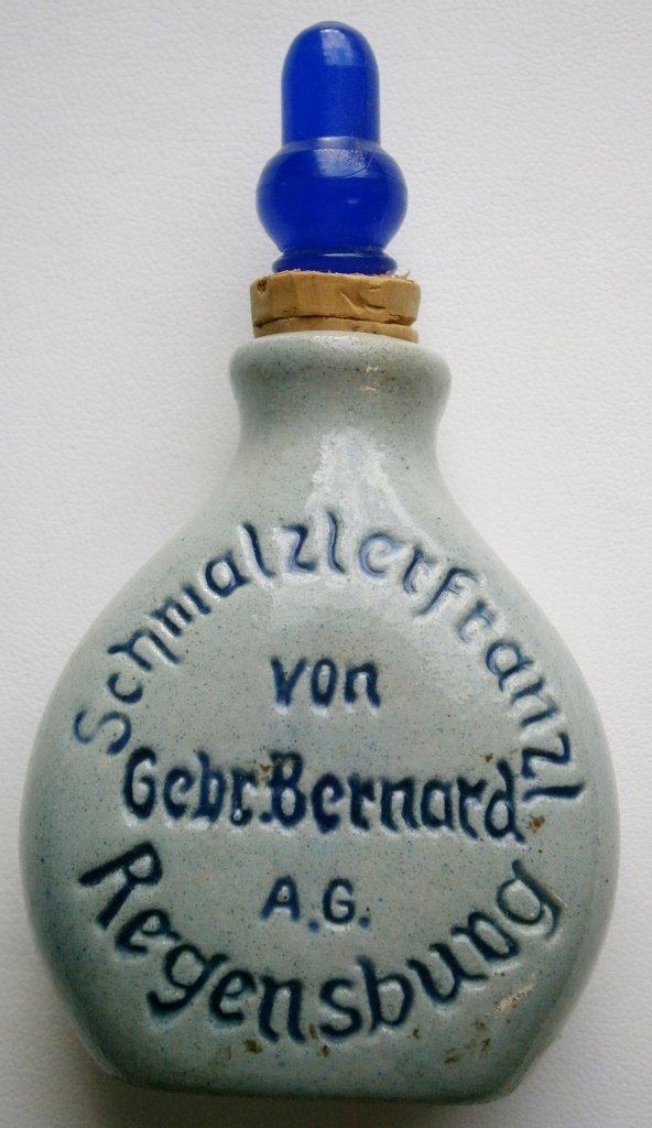 German Salt Glaze Pottery Scent Bottle: German Salt Glaze Pottery Scent Bottle, not sure when this was made, 2 3/8 in. tall excluding stopper, cork holding stopper is broken in half, sold as is.Â