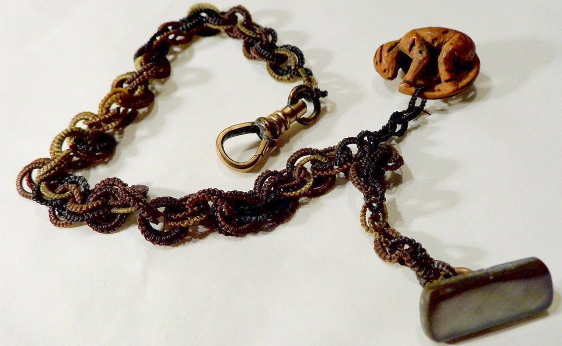 Victorian Fob Woven Horse Hair Carved Nut Monkey (1 of 5)