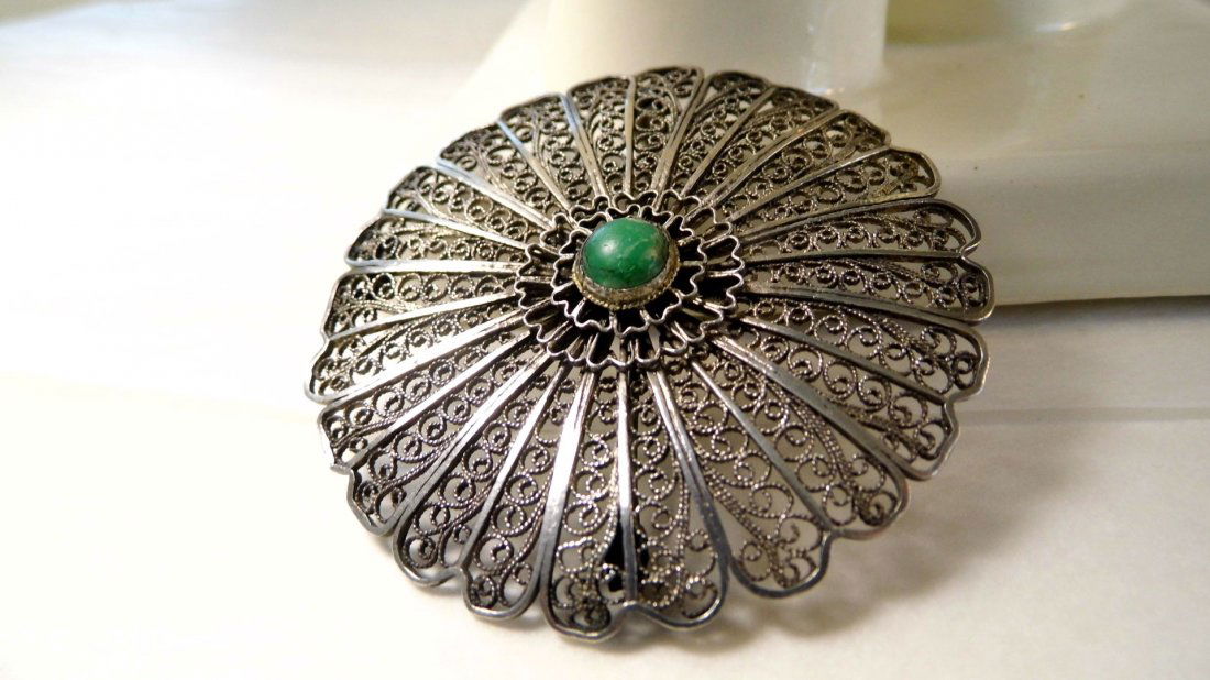 Silver Filigree & Turquoise Disc Wheel Brooch Israel (1 of 5)