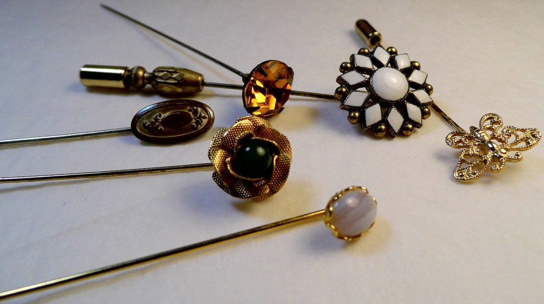 6 Antique Victorian Pins: Most are British. One has agate stone. The geometric one with quartz settings is from Norway. No marks.