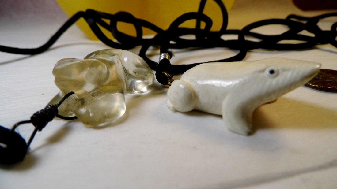 Asian Charms Pendants Necklace Netsukes Frogs Crystal: Good vintage condition. Two charms are suspended on each end of 70 inch silk chain. One crystal frog and the other a bone like material. Note Schrager lines.