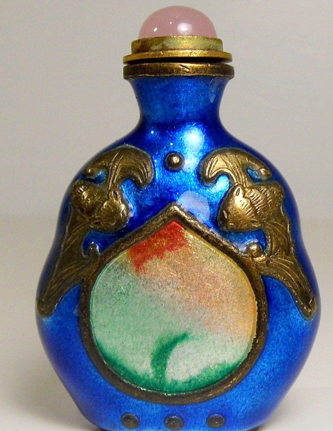 Vintage Chinese Enamel Rose Quartz Snuff Bottle Bats (1 of 5)