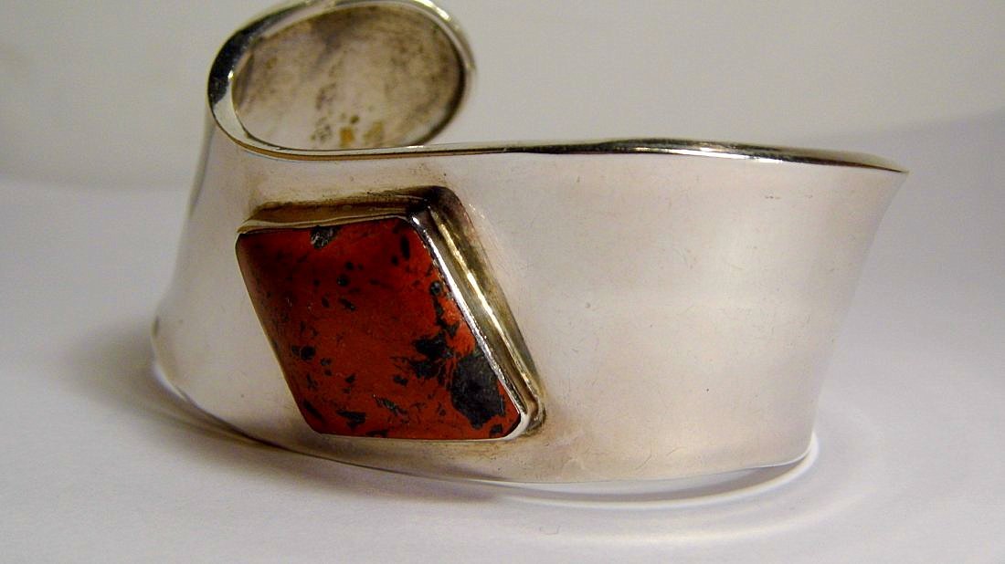 Sterling Silver Jasper Stone Modern Cuff Bracelet Mexic (1 of 6)