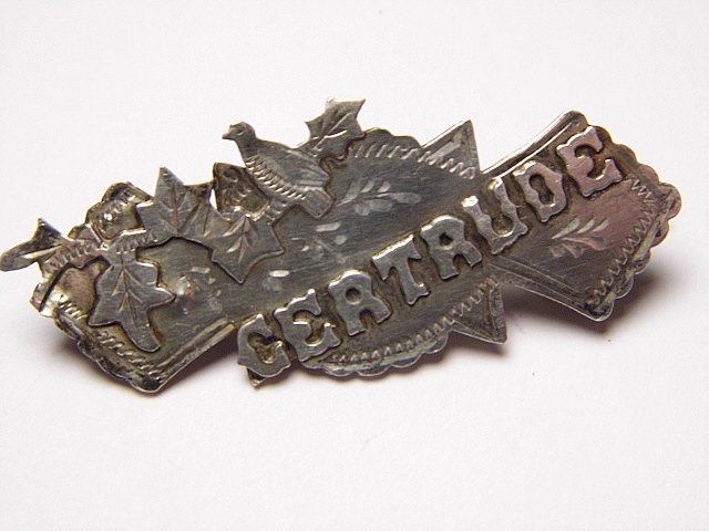 Antique Victorian Retired Names Brooch Birmingham: A sterling silver brooch pin with British sterling silver mark (lion facing left), city mark Birmingham (anchor) and K denoting year 1859. Very good antique condition.