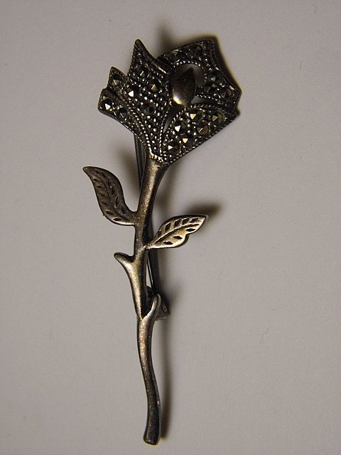 Vintage Marcasite Sterling Silver Pin: Sterling marked. No missing marcasite pieces.