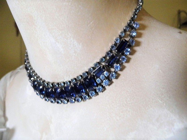 Exotic Vintage Bluest Blue Rhinestone Choker Necklace: Fine 1950's work. All stones good. 14 to 16 inches.