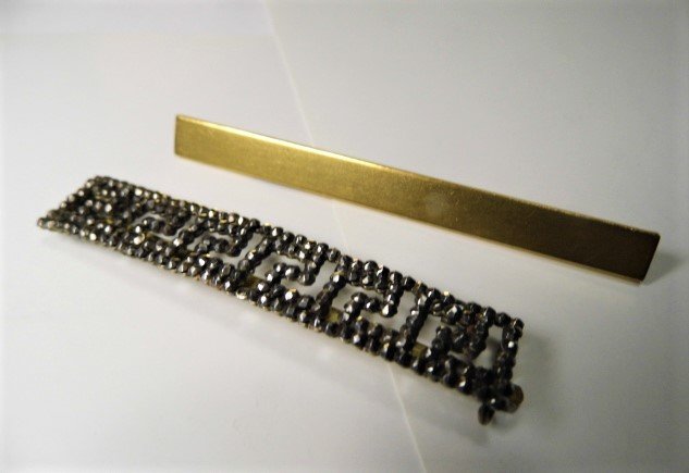 Antique Edwardian Cut Steel Bar Clip & Pin Pair: Pinchbeck pin has mark FP.
