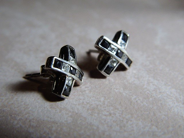 Classy Vintage Cross Earrings Black Sapphires: Genuine black sapphire stones, mine cut style. Backs and earrings both marked for sterling silver.