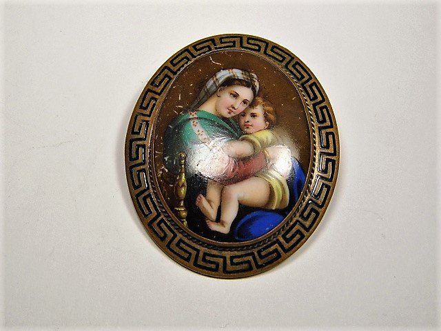 Antique French Porcelain Bronze Brooch Jacques Louis Da: Madonna and child portrait after Jacques Louis David. Good condition.