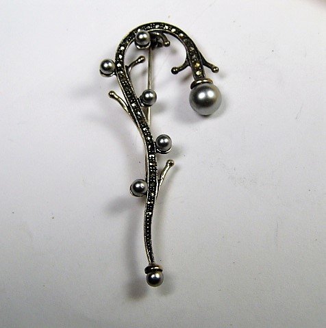 Scandinavian Sterling Silver Marcasite Brooch Mistletoe: Festive jewelry. Marked 925. From Norway, a mistletoe branch. Nearly three inches