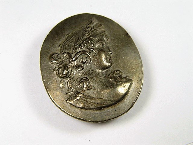 Antique Heavy Cast Pewter Buckle Goddess Daphne: She is wearing a laurel wreath. Daphne and Apollo.