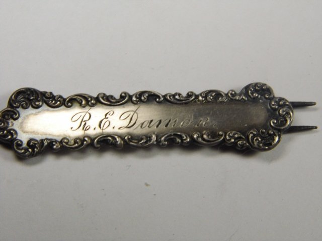Antique Baroqie Sterling Silver Name Tag: Fine repousse detail.