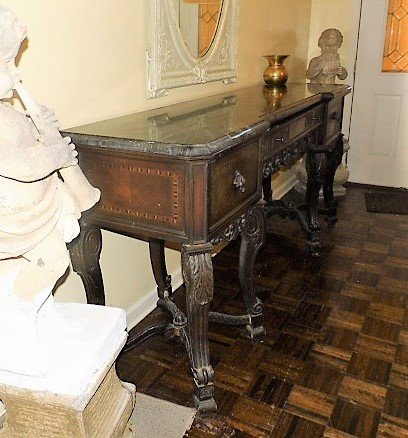 Estate Italian Antique Louis XVI Style Buffet: 76 inches long x 38 inches tall x 22 inches deep. 1 1/2 inch black & gold beveled marble top. Hand dovetailed drawers. Fancy inlay work. Delivery $250 to 250 miles. $400 up to 500 miles radius. $200 d