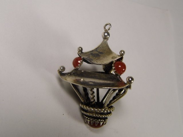 Vintage Asian Pagoda Pendant Silver Carnelian: Nearly two inch drop. Hand fashioned.