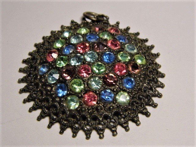 Big Vintage Multi Color Paste Pewter Necklace Pendant (1 of 3)