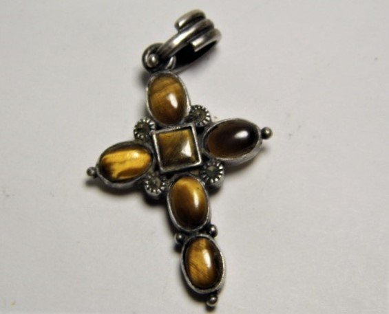 Vintage Double Sided Tiger Eye & Calcite Cross Pendant: Sterling silver case with marcasite accents.