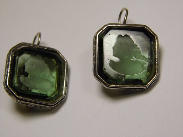Pretty Sea Glass Intaglio Designer Earrings: Illegible maker marks. Good condition.