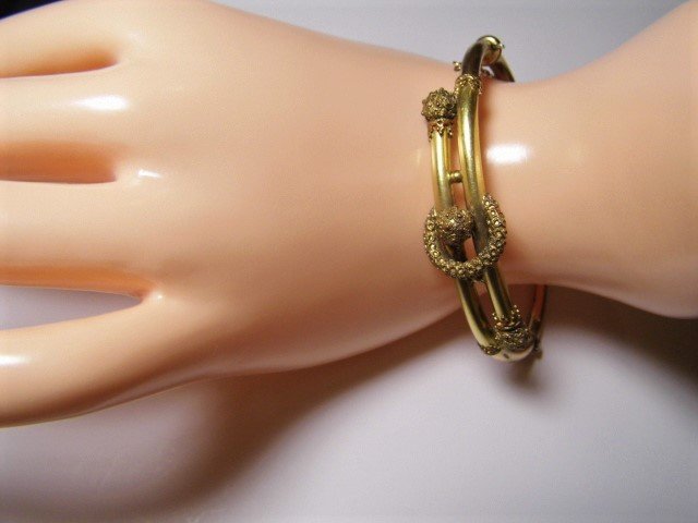 Antique Victorian Etruscan Style Bracelet: Rare form. Unique clasp. Catch chain. Good condition.