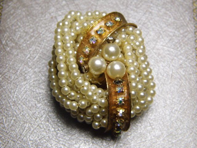 Custom Made Bound Seed Pearls Rhinestone Brooch (1 of 5)