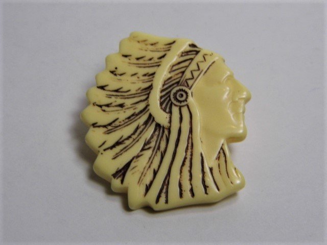 Cool Vintage Galalith Plastic Pin Indian Chief: The chief has character, does not speak with forked tongue. very good condition.