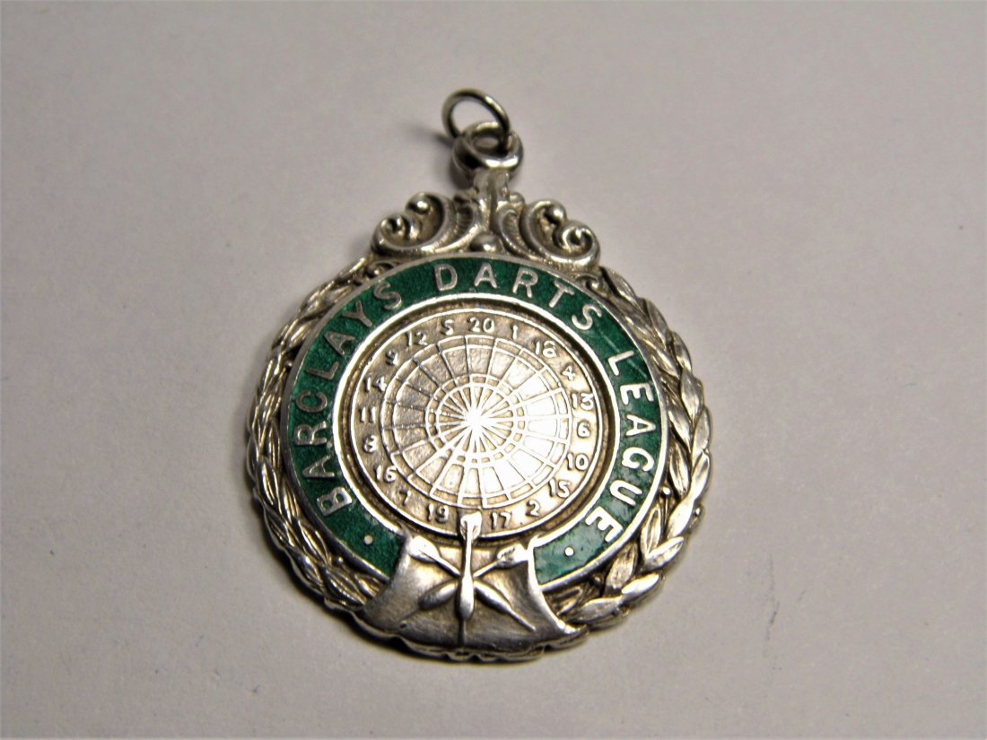 1947 Darts Champion Medal Fob Barclays Bank League: Sterling silver with Birmingham mark, 1948 date mark.