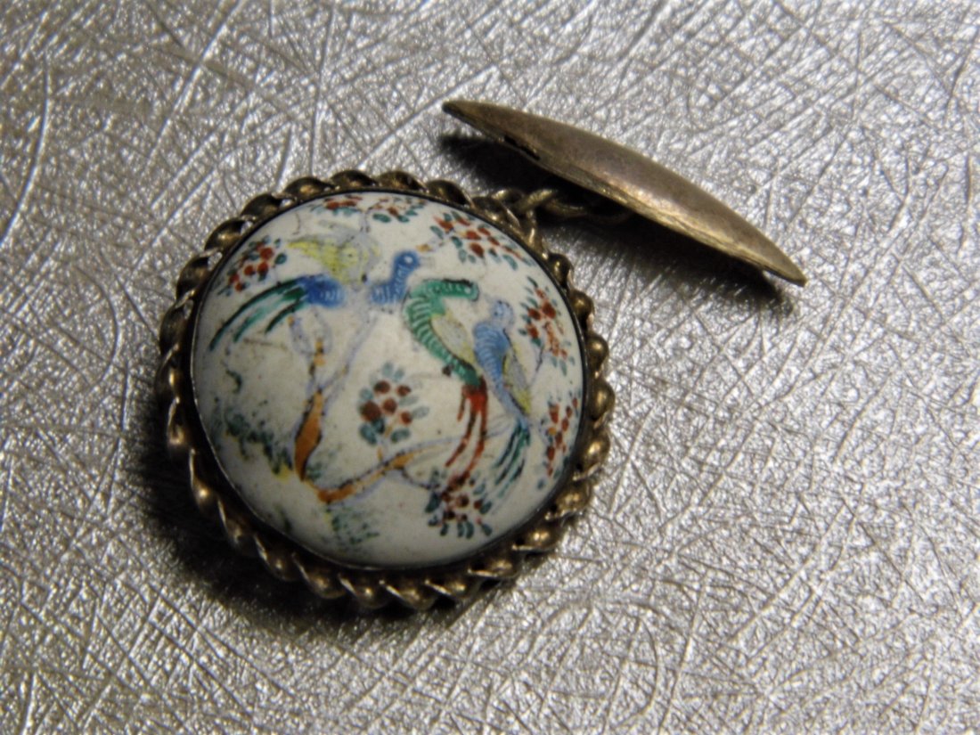 Antique Central Asian Porcelain Painted Cufflink Pheasa: Hand work, not transfer. Pheasants. Some loss to painting. Should have a glaze applied. Nice for a project.