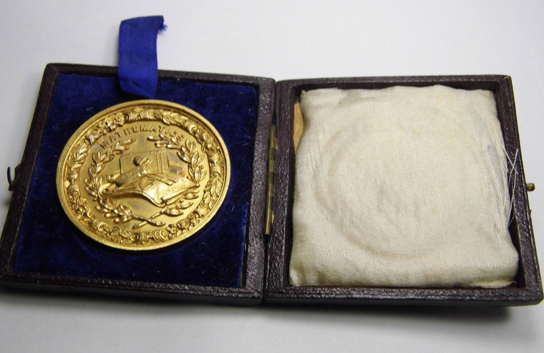 Large Victorian Antique Bronze Mathematics Medal: Weighs nearly 2 troy ounces. Original lock down box. Slight demise.