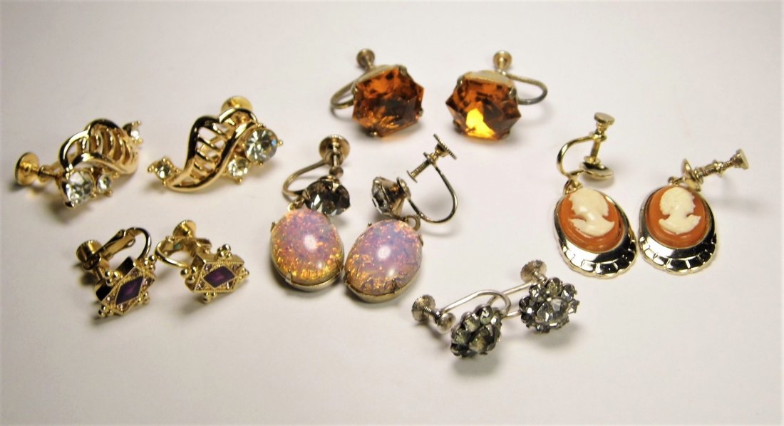 6 Beautiful Assorted Pairs Earrings: All are screw posts and wearable. All are vintage and older. There are a pair with amber bohemian paste stones in good condition. One pair are Napier, gripoix/enamel. Opal paste and glass cameo. The s