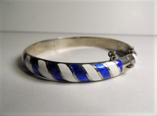 Vintage Sterling Silver Candy Stripe Enamel Bracelet: Marked for sterling silver. Good clasp and catch chain. A little enamel loss. 7 3/4 inches inner circumference.