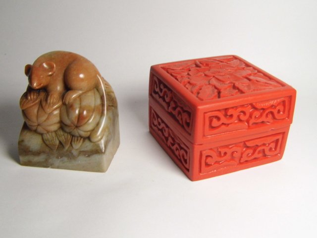 Pair Asian Collectibles Soapstone Netsuke & Trinket Box: Fine detail soapstone netsuke, mouse or rat, resting on small melons. Faux cinnabar box.