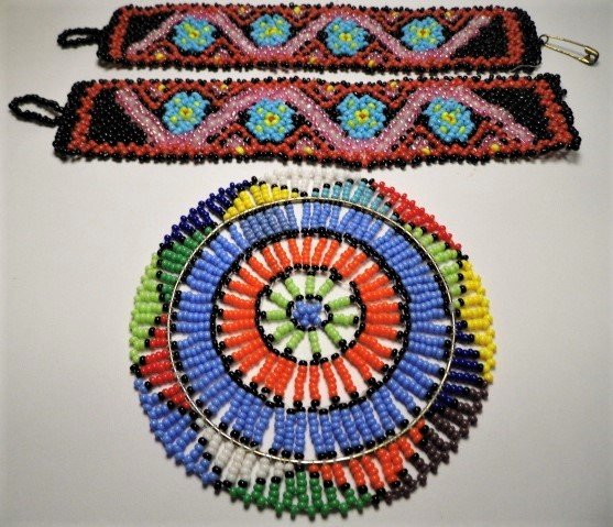 Colorful Native American Beadwork: Very eye catching examples of native American beading. Bracelet is not very stable, has lost a few beads.