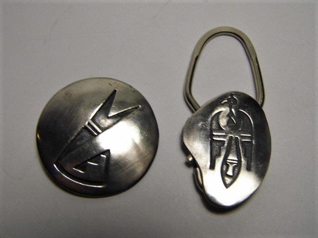 Pair Vintage Native American Hopi Jewelry Elements: Brooch pin and keychain, rattlesnake and thunderbird pictograph. No marks. Hopi pieces often are not marked.