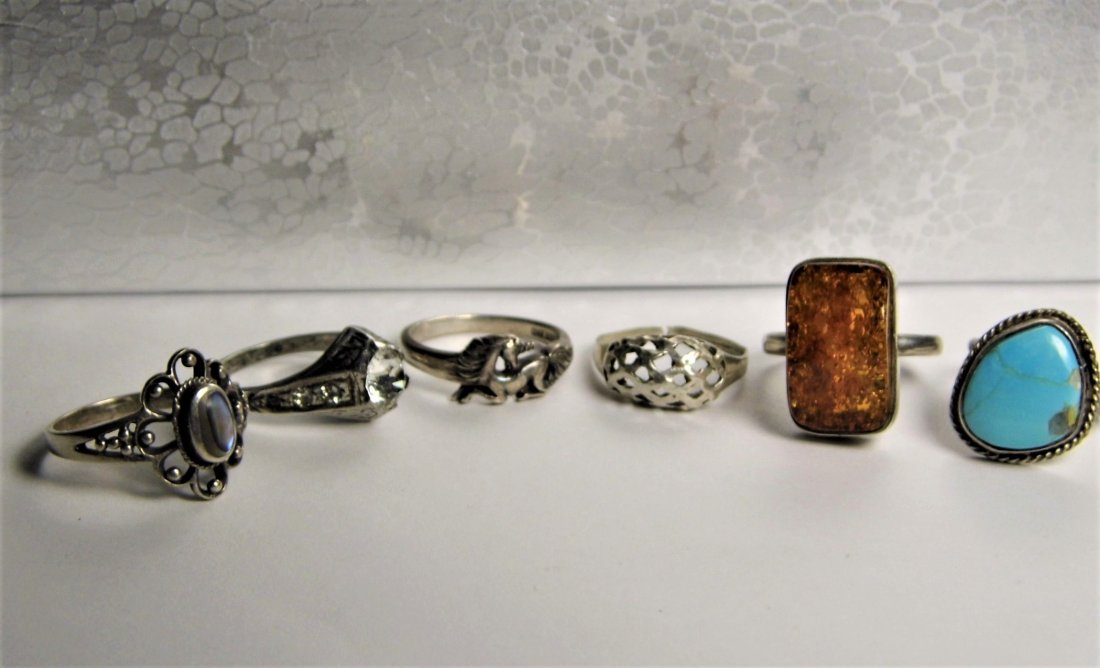 Six Ring Lot Sterling Silver Stones Shell Crystal Amber (1 of 16)