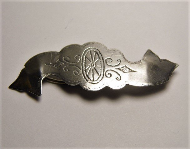 Odd Handsome Antique Silver Pin: Also some odd marks and a fractional number. Unknown. Has mid-19th century clasp.