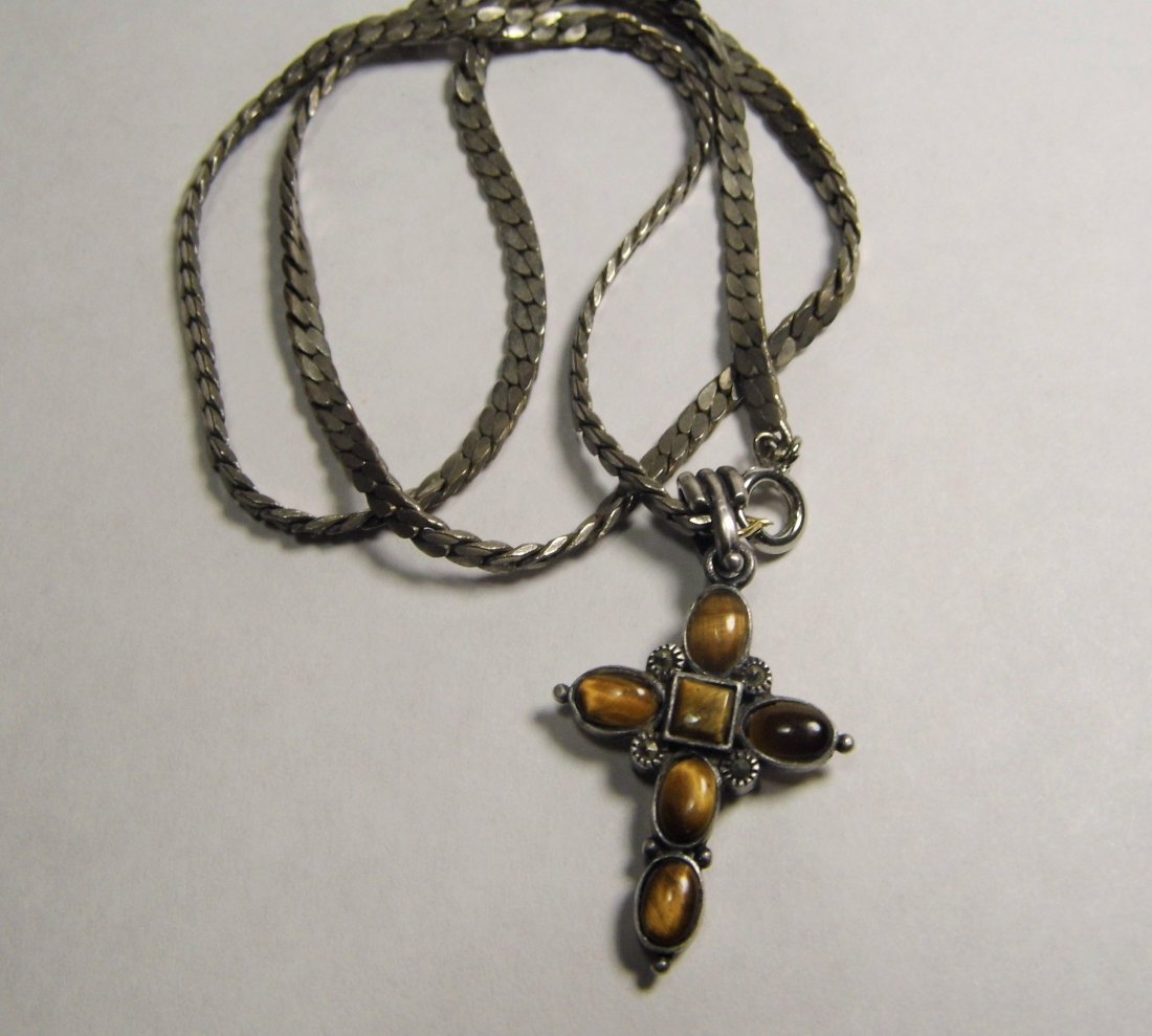 Vintage Twin Side Tiger Eye Calcite Cross Pendant Neckl: All silver but unmarked. Tiger's eye cabochons set on one side and calcite on the other side. Marcasite accents. 19 inch chain.