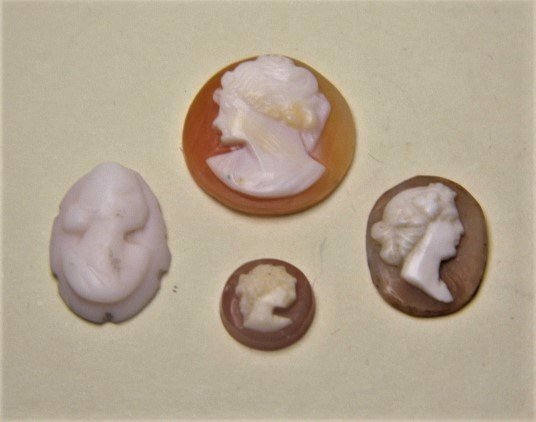 4 Antique Carved Miniature Shell Cameos: One on the right is very attractive and very old. Left side cameo's shell is called angel skin.