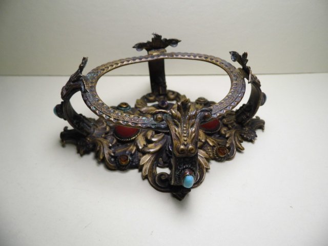 Brass & Bohemian Glass Bowl Salt Cellar Base Plinth: Marked Made in Czechoslovakia. All stones present. Four inches wide. Good for repurpose.