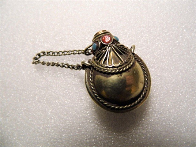 Vintage Middle Eastern Mini Perfume Bottle: Glass stones. Catch chain for dauber. No marks.