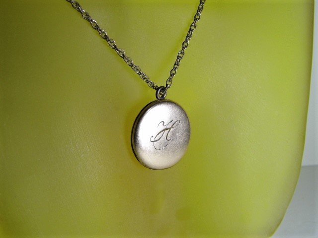 Victorian Gold Plated Locket Pendant Necklace: Antique circa 1890. 22 inch gold plated chain. Beautiful calligraphy monogram H.