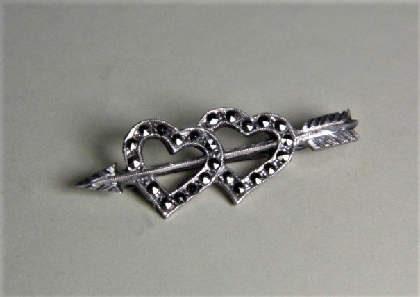 Vintage Sterling Silver Arrow Pierced Double Hearts Pin: Marcasite stones. English sterling silver hallmarks.